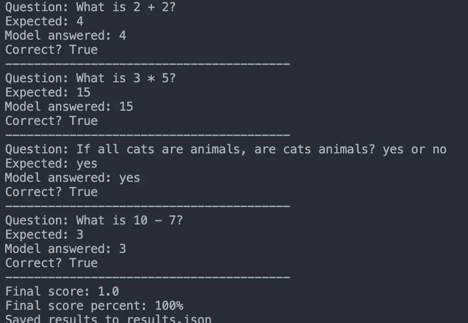 Gemini harness run showing 100 percent score