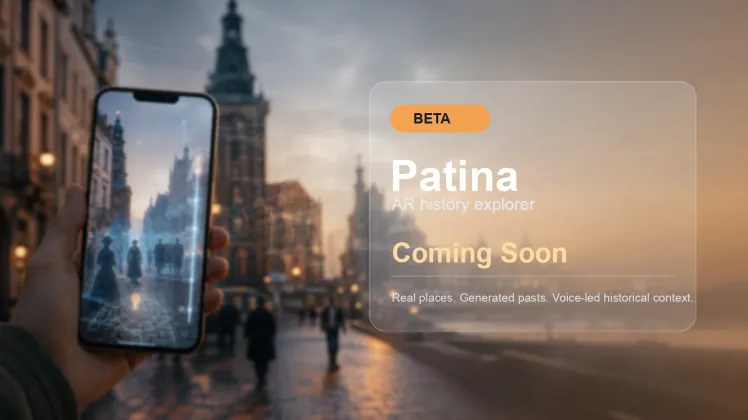 Patina beta cover showing a phone viewing an augmented historical city scene
