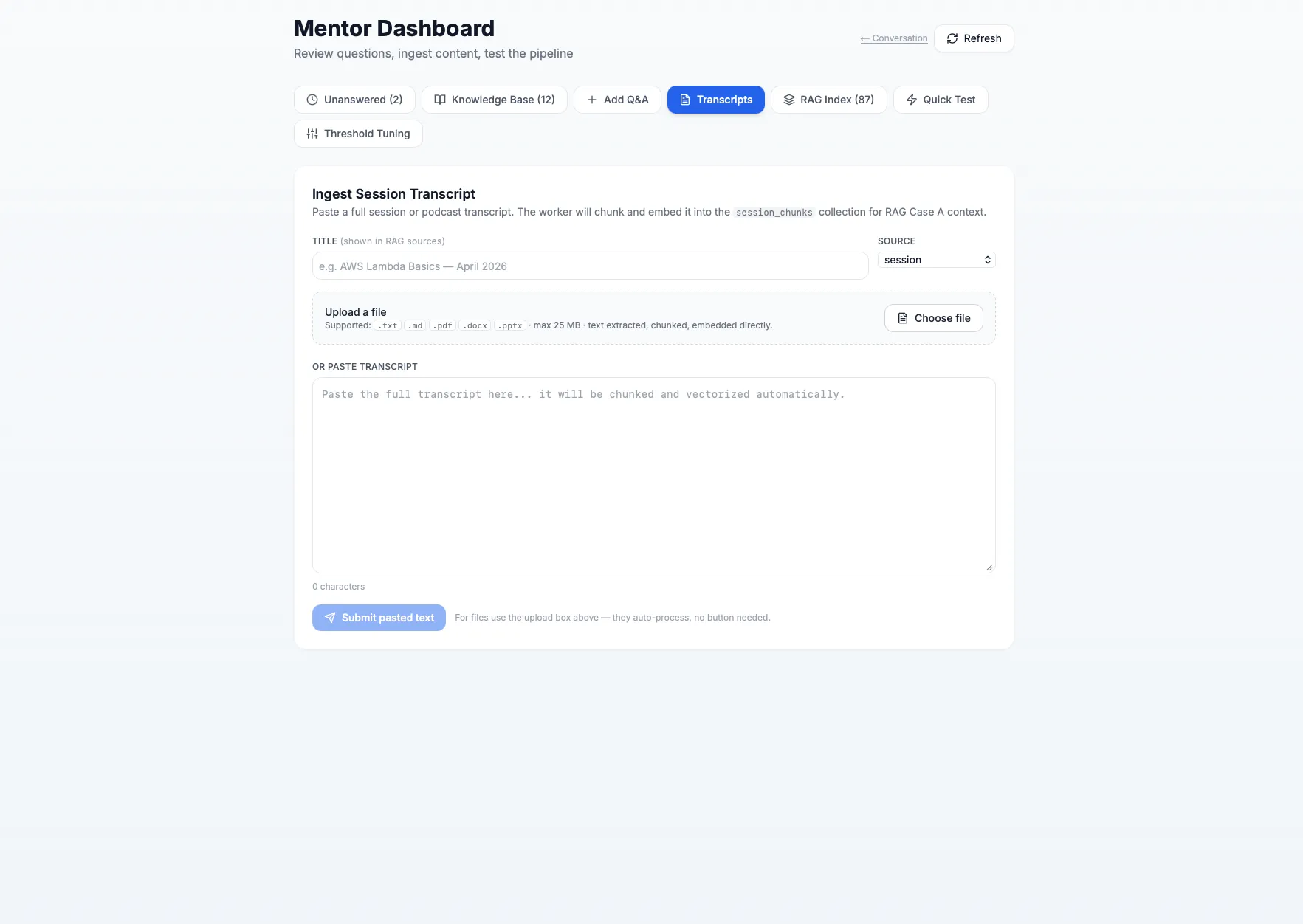TalkingHeadAI mentor dashboard transcript ingestion